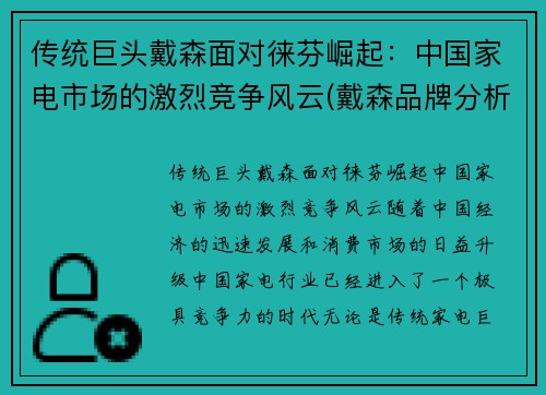 传统巨头戴森面对徕芬崛起：中国家电市场的激烈竞争风云(戴森品牌分析)