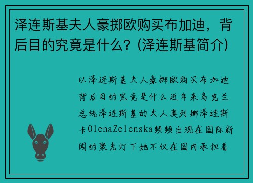 泽连斯基夫人豪掷欧购买布加迪，背后目的究竟是什么？(泽连斯基简介)