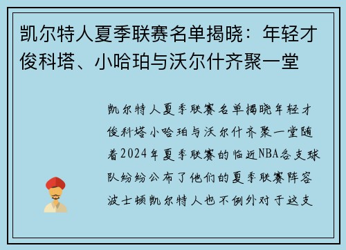 凯尔特人夏季联赛名单揭晓：年轻才俊科塔、小哈珀与沃尔什齐聚一堂